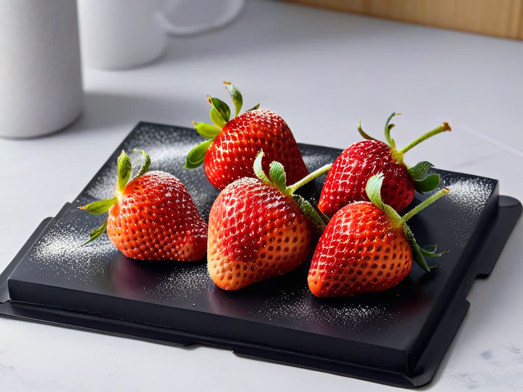  An ultradetailed closeup image of a perfectly ripe, glossy, and fresh strawberry placed on a sleek, modern, matte black plate. The strawberry is sprinkled with a dusting of powdered sugar, with tiny droplets of water glistening on its surface, showcasing its natural beauty and freshness. The plate sits on a marble countertop, with subtle, soft lighting emphasizing the vibrant red color of the strawberry and the contrasting textures of the matte plate and smooth marble. hyperrealistic, full body, detailed clothing, highly detailed, cinematic lighting, stunningly beautiful, intricate, sharp focus, f/1. 8, 85mm, (centered image composition), (professionally color graded), ((bright soft diffused light)), volumetric fog, trending on instagram, trending on tumblr, HDR 4K, 8K