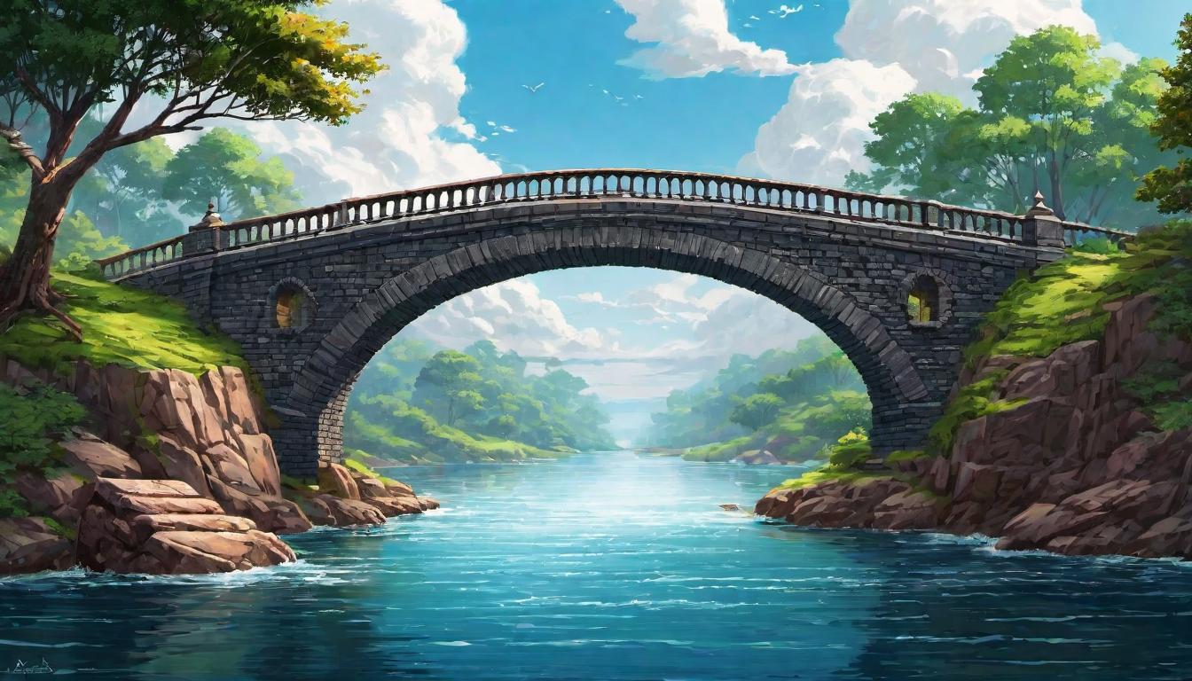  digital illustration, A bridge built over turbulent waters, constructed of bricks of patience and understanding, architectural calm, bridging differences, foundation of peace, looking at viewer, dynamic pose, (intricate details, masterpiece, best quality)