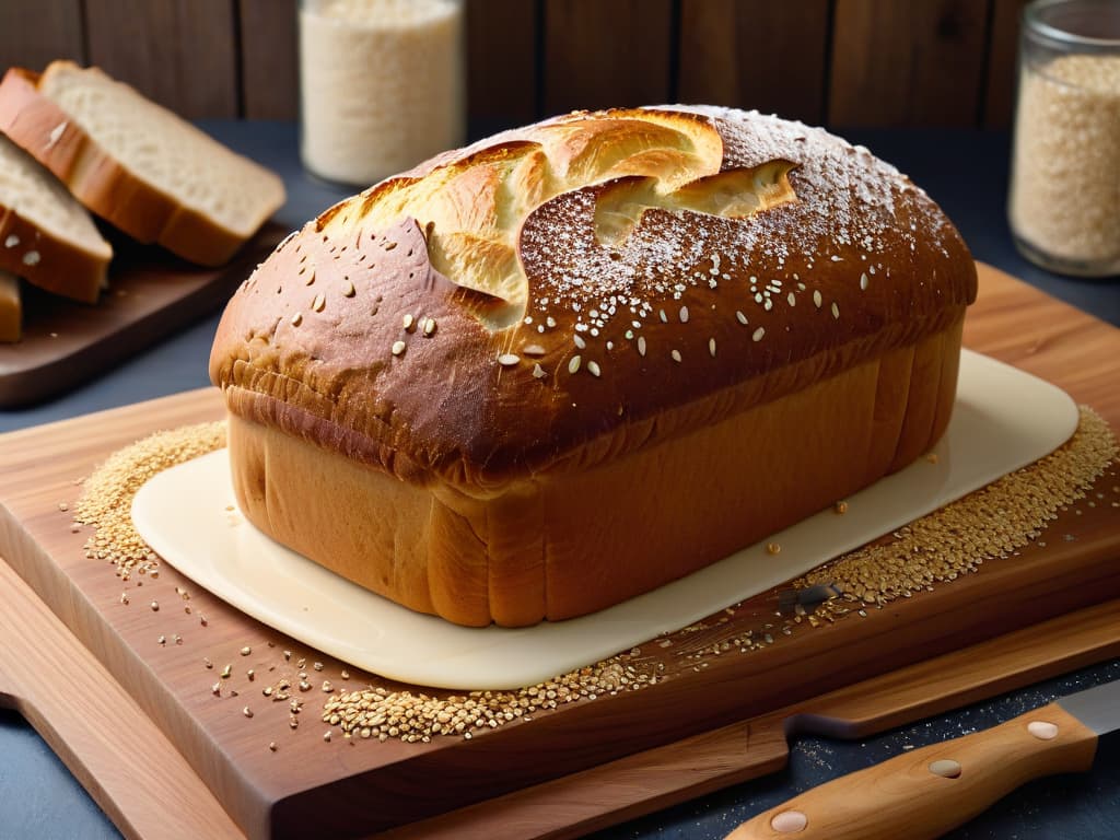  An ultradetailed closeup image of a freshly baked glutenfree loaf of bread, still steaming, with a perfectly golden crust sprinkled with a touch of flaxseeds. The bread is placed on a rustic wooden cutting board, surrounded by a few scattered quinoa grains, and a small, sharp serrated knife next to it. The lighting is soft, emphasizing the texture and warmth of the bread, creating a mouthwatering and inviting scene for glutenfree baking enthusiasts. hyperrealistic, full body, detailed clothing, highly detailed, cinematic lighting, stunningly beautiful, intricate, sharp focus, f/1. 8, 85mm, (centered image composition), (professionally color graded), ((bright soft diffused light)), volumetric fog, trending on instagram, trending on tumblr, HDR 4K, 8K