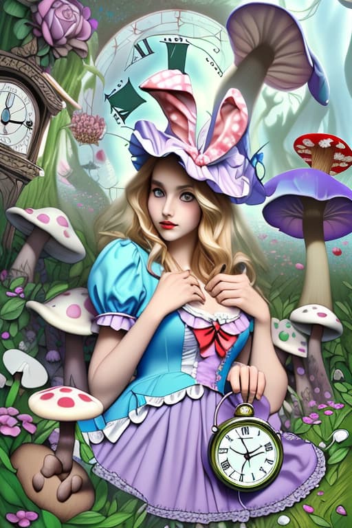  Alice in wonderland, keyhole there is a rabbit with a clock, the mad hatter’s hat, mushrooms and a carterpilla