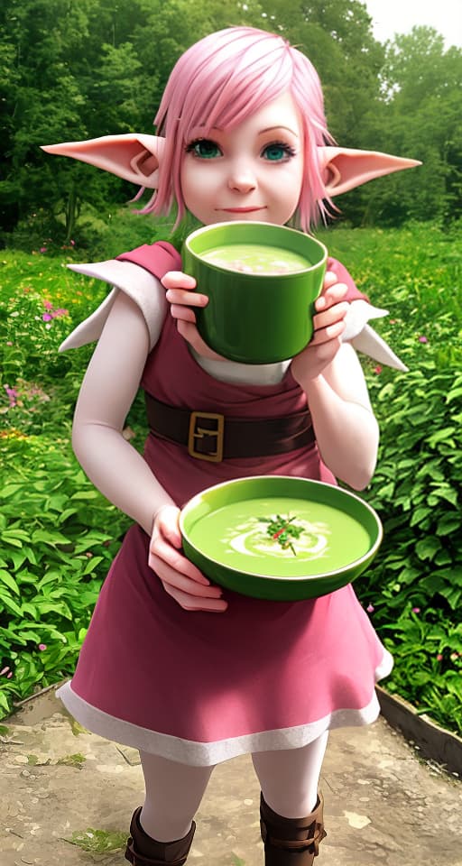  short elf girl with pink hair holding a pot of green soup