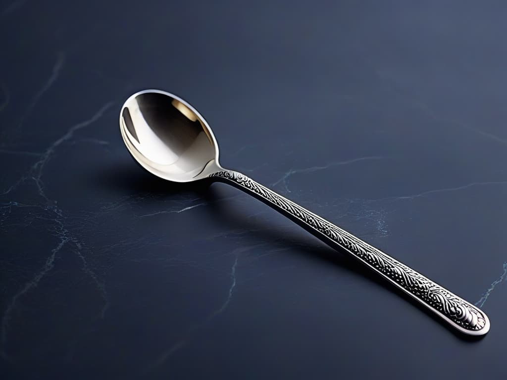  A closeup, ultradetailed image of a sleek, silver caviar spoon resting on a black marble countertop. The spoon is perfectly polished, reflecting the light in a mesmerizing way, with intricate engravings on the handle adding a touch of elegance. The marble surface beneath it is smooth and glossy, showcasing subtle veining patterns that enhance the overall minimalist aesthetic of the image. hyperrealistic, full body, detailed clothing, highly detailed, cinematic lighting, stunningly beautiful, intricate, sharp focus, f/1. 8, 85mm, (centered image composition), (professionally color graded), ((bright soft diffused light)), volumetric fog, trending on instagram, trending on tumblr, HDR 4K, 8K