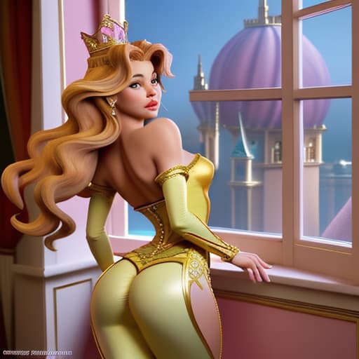  Sofia Vergara as a fantasy Disney queen in bodytight and skinny pink-yellow short and opulent dress,seen from the back leaning towards palace window,her ass up,watching her Middle Earth- like kingdom