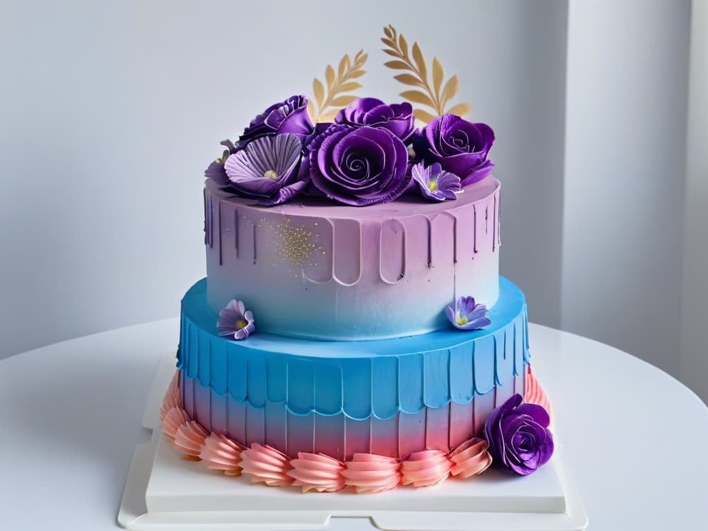  An intricately decorated threetiered cake with alternating layers of vibrant ombre frosting in shades of pastel pink, blue, and purple. The cake is adorned with delicate sugar flowers and shimmering edible gold leaf accents, standing on a sleek marble cake stand against a softfocus background to emphasize the cake's exquisite details. hyperrealistic, full body, detailed clothing, highly detailed, cinematic lighting, stunningly beautiful, intricate, sharp focus, f/1. 8, 85mm, (centered image composition), (professionally color graded), ((bright soft diffused light)), volumetric fog, trending on instagram, trending on tumblr, HDR 4K, 8K