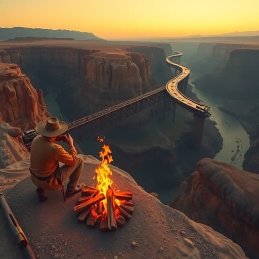  create a western inspired photograph shot in 50mm from a first person view sitting around a campfire. also inspired by roger deakins cinematogrphy work. this photograph has to emphasize tension and each section is motivating each other to tell a story. in the midground shows a railway going into a man sized mining cavern. the overall scene is set in a desert setting at dawn just before the sunrise. the scene is seperated in three sections, the foreground, middleground, and background. the background shows a deep canyon below with rugged rock formations and a winding river that tapers down into the distance. the midground appears closer to your area at around 100 ft away and comprises part of a canyonside. within this canyonside you see a ra hyperrealistic, full body, detailed clothing, highly detailed, cinematic lighting, stunningly beautiful, intricate, sharp focus, f/1. 8, 85mm, (centered image composition), (professionally color graded), ((bright soft diffused light)), volumetric fog, trending on instagram, trending on tumblr, HDR 4K, 8K