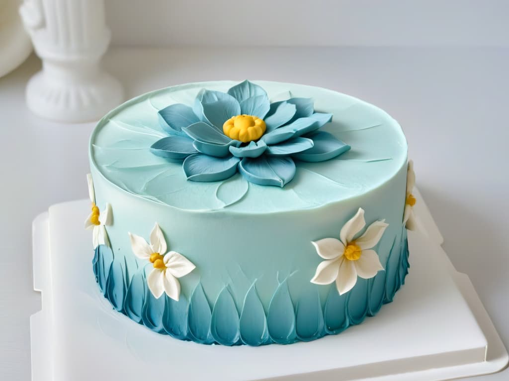  A closeup, highresolution image of a delicate, perfectly sculpted sugar flower resting on a pristine white fondant cake. The intricate details of the flower's petals and the smooth, flawless finish of the cake create a visually stunning and minimalist composition, embodying elegance and sophistication in pastry artistry. hyperrealistic, full body, detailed clothing, highly detailed, cinematic lighting, stunningly beautiful, intricate, sharp focus, f/1. 8, 85mm, (centered image composition), (professionally color graded), ((bright soft diffused light)), volumetric fog, trending on instagram, trending on tumblr, HDR 4K, 8K