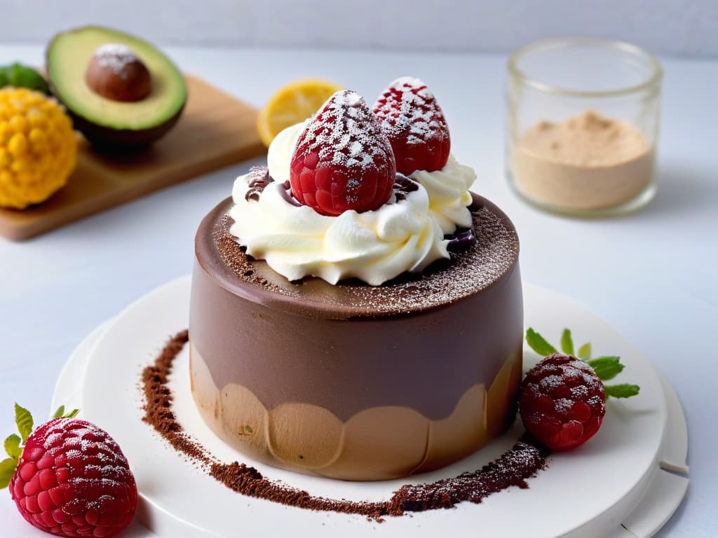  A photorealistic image of a decadent chocolate avocado mousse in a clear glass dessert cup, topped with a dollop of whipped cream, a sprinkle of cocoa powder, and a fresh raspberry on the side. The mousse is perfectly smooth and glossy, showcasing its rich texture and indulgent appearance. The background is softly blurred to keep the focus on the dessert, highlighting its luxurious yet guiltfree nature, ideal for a lowfat dessert article. hyperrealistic, full body, detailed clothing, highly detailed, cinematic lighting, stunningly beautiful, intricate, sharp focus, f/1. 8, 85mm, (centered image composition), (professionally color graded), ((bright soft diffused light)), volumetric fog, trending on instagram, trending on tumblr, HDR 4K, 8K