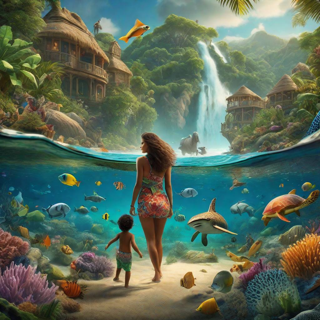  "A young and their mother arriving on an island full of diverse animals, beginning their mysterious journey underwater with wide-eyed astonishment, surrounded by marine creatures in a colorful and -friendly setting."((masterpiece)), best quality, very detailed, high resolution, sharp, sharp image, extremely detailed, 4k, 8k, fairytale hyperrealistic, full body, detailed clothing, highly detailed, cinematic lighting, stunningly beautiful, intricate, sharp focus, f/1. 8, 85mm, (centered image composition), (professionally color graded), ((bright soft diffused light)), volumetric fog, trending on instagram, trending on tumblr, HDR 4K, 8K