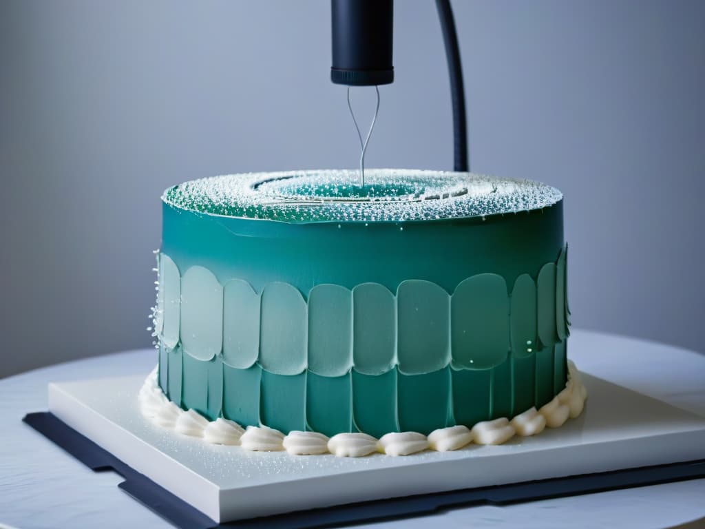  A sleek, minimalistic image of a 3D printer in action, intricately crafting a detailed and ornate sugar sculpture destined for the top of a decadent cake. The printer is surrounded by a soft, ambient light, casting gentle shadows on the delicate confectionery being created, showcasing the precise and intricate nature of modern dessert decoration technology. hyperrealistic, full body, detailed clothing, highly detailed, cinematic lighting, stunningly beautiful, intricate, sharp focus, f/1. 8, 85mm, (centered image composition), (professionally color graded), ((bright soft diffused light)), volumetric fog, trending on instagram, trending on tumblr, HDR 4K, 8K