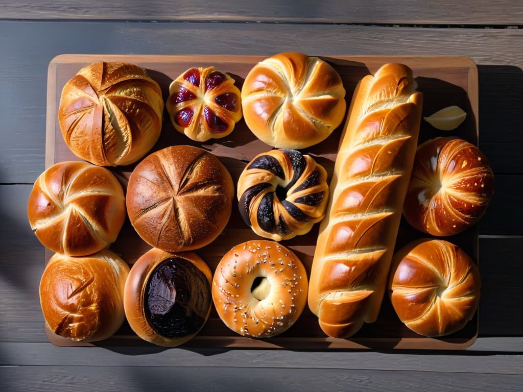  A beautifully arranged, minimalistic image of a variety of freshly baked bread loaves and pastries on a rustic wooden table, with a soft natural light casting gentle shadows. The assortment includes golden brown crusty baguettes, flaky croissants, pillowy brioche buns, and artisanal sourdough boules, showcasing the artistry and craftsmanship of bakery creations. hyperrealistic, full body, detailed clothing, highly detailed, cinematic lighting, stunningly beautiful, intricate, sharp focus, f/1. 8, 85mm, (centered image composition), (professionally color graded), ((bright soft diffused light)), volumetric fog, trending on instagram, trending on tumblr, HDR 4K, 8K