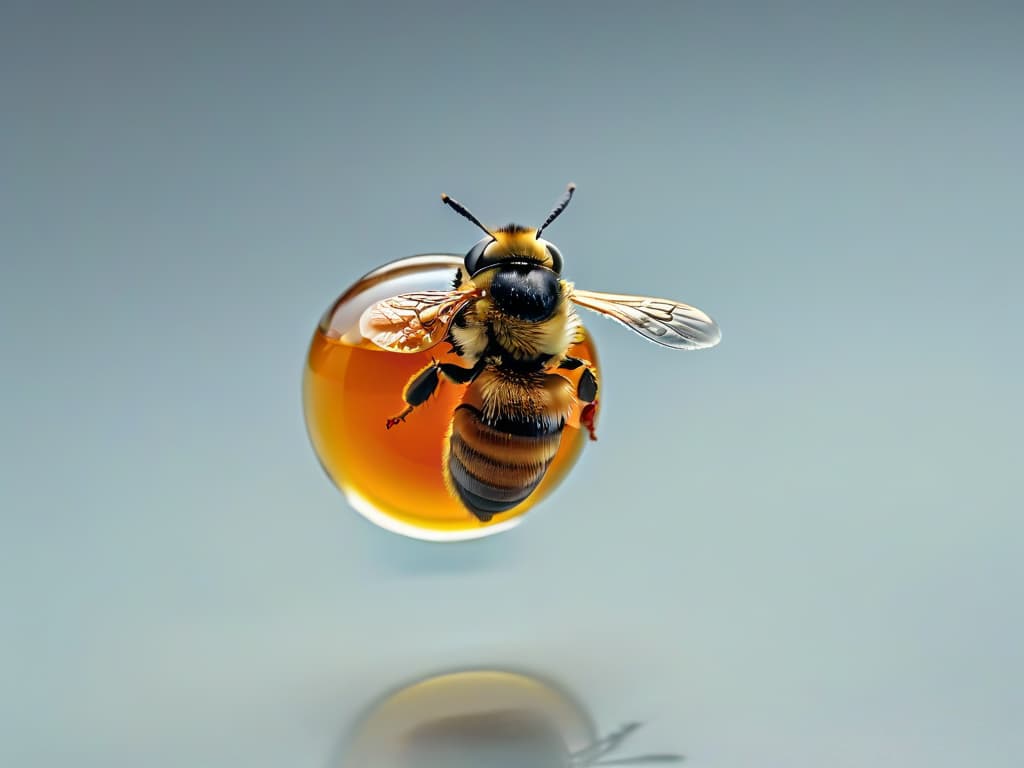  An ultradetailed, 8k resolution image of a single golden, glistening drop of melipona bee honey suspended in midair, with a backdrop of a pristine white surface. The drop is perfectly spherical, capturing the light to reveal iridescent hues of amber and gold, highlighting the purity and richness of this unique honey variety. The intricate details of the drop are mesmerizing, showcasing the viscosity and natural elegance of melipona bee honey, making it a visually captivating and symbolic representation of the future of this delicacy in global pastry arts. hyperrealistic, full body, detailed clothing, highly detailed, cinematic lighting, stunningly beautiful, intricate, sharp focus, f/1. 8, 85mm, (centered image composition), (professionally color graded), ((bright soft diffused light)), volumetric fog, trending on instagram, trending on tumblr, HDR 4K, 8K