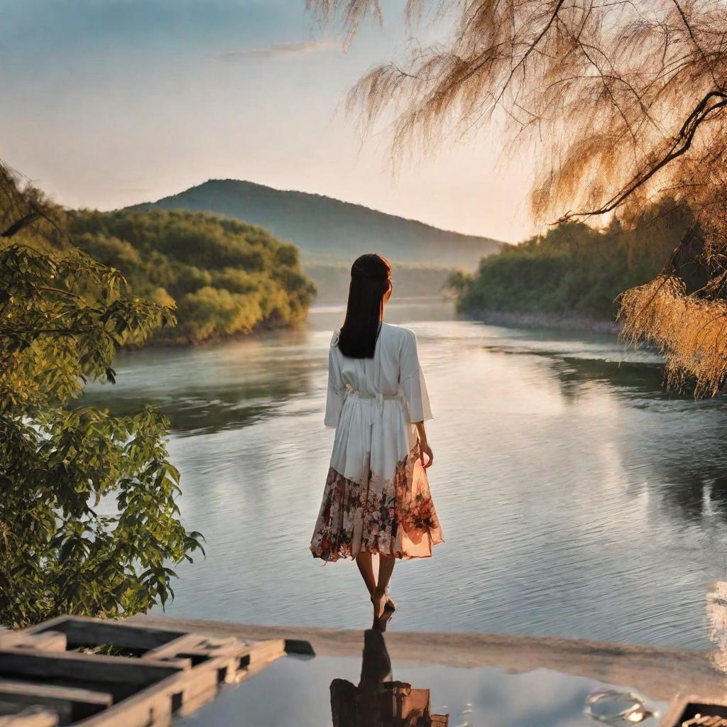  masterpiece, best quality,A beautiful girl in the river, willow Yiyi, modern high-rise forest, the setting sun west