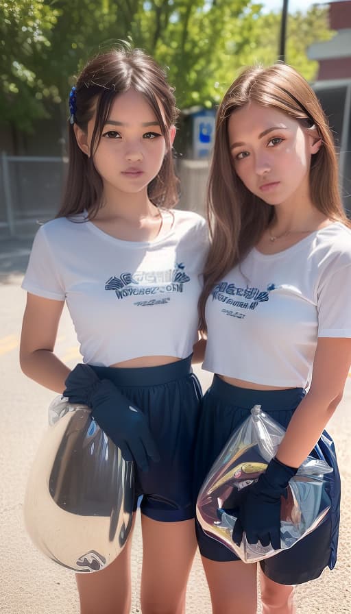  (8k, RAW photo, best quality, masterpiece:1.2), High detail RAW color photo, professional photograph,3 girls, each girl is 12 years old, ((each girl is holding a clear vinyl garbage bag and a pair of big tongs for picking up garbage:1.37)), (each girl is wearing no print plain white T shirt and matte plain navy blue athletic shorts:1.37),each girl is very beautiful and very cute, (8k, RAW photo, best quality, masterpiece:1.2), High detail RAW color photo, professional photograph, cowboyshot, (realistic, photo realistic:1.37), ((best quality)), 1 girl, cinematic light, (finerly detailed face:1.2), (masterpiece:1.5), (best quality:1.2), (smiling:1.2), (looking at viewer:1.2)