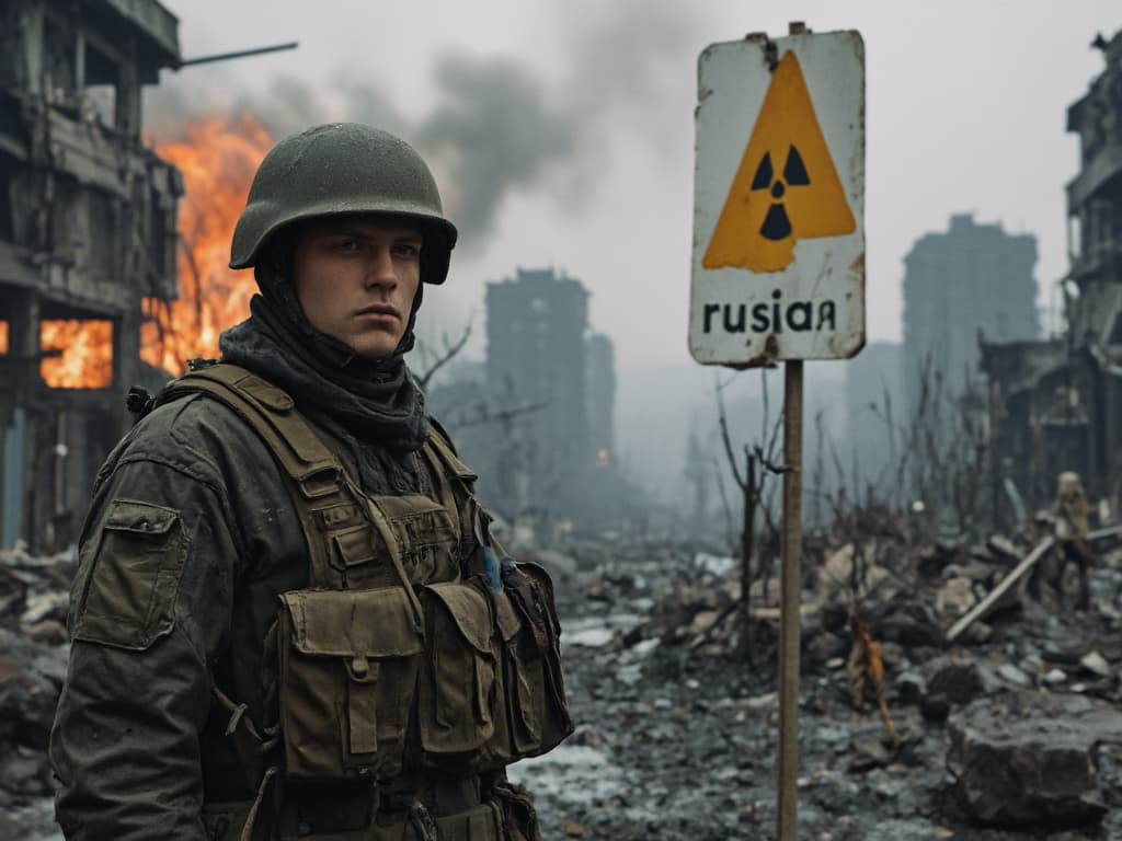  ultra high quality, very detailed , russian city destroyed by nuclear disaster , buildings on fires , man soldier looking at camera , wearing a poland military suit with no helmet standing near city white sign with the text 'russia' written on it , nuclear warning sign, hyperrealistic, full body, detailed clothing, highly detailed, cinematic lighting, stunningly beautiful, intricate, sharp focus, f/1. 8, 85mm, (centered image composition), (professionally color graded), ((bright soft diffused light)), volumetric fog, trending on instagram, trending on tumblr, HDR 4K, 8K