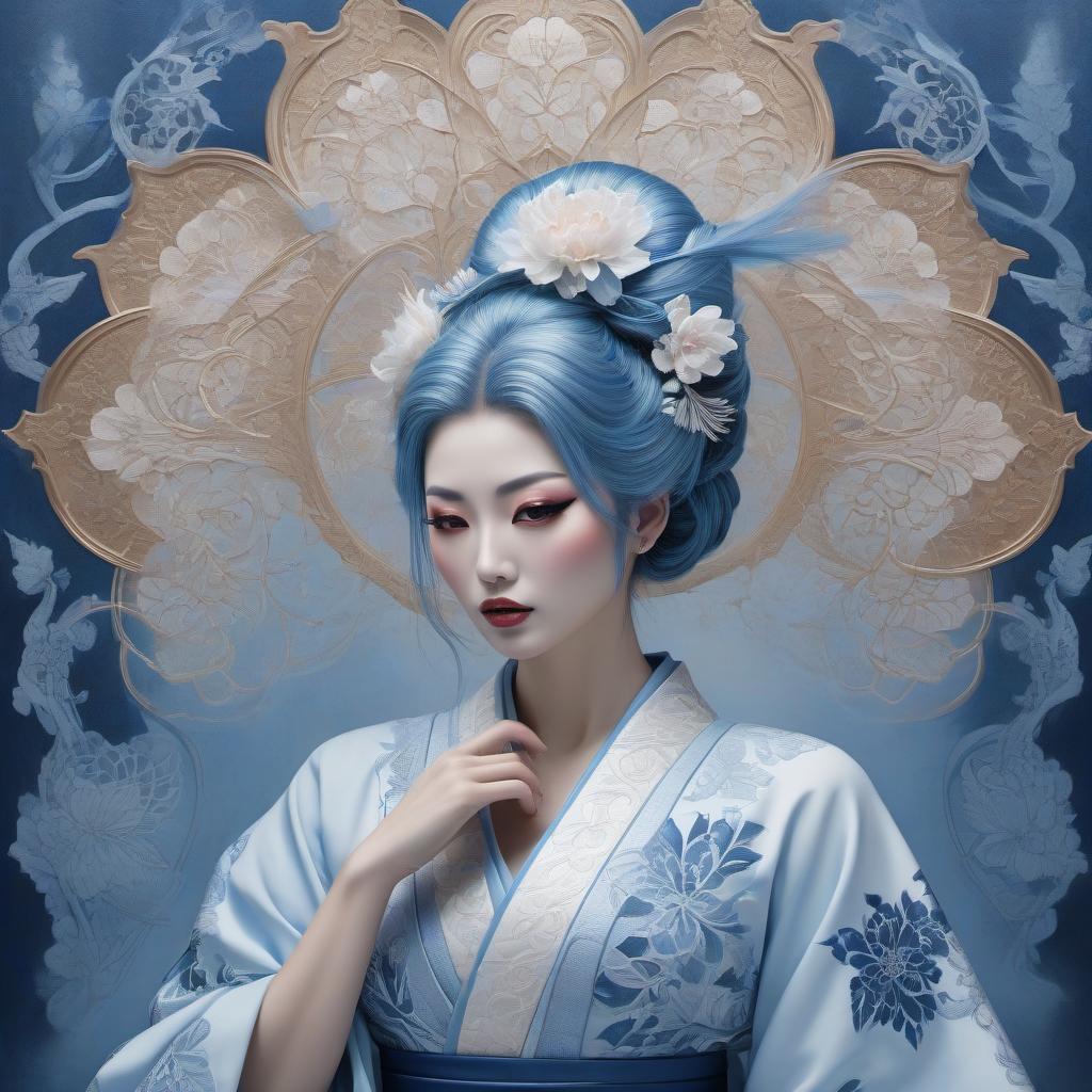  macabre style Envision a portrait of a Japanese geisha, her countenance tinged with sorrow as a single tear trails from her eye. Her abundant hair frames a face with lips painted a soft blue, while her attire is a complex array of traditional garments. The portrait, reminiscent of Anne Stokes' work, is rendered in a whimsical Zentangle style, boasting an intricate cyanotype design that seems to lift from the canvas in a 3D embossed effect. The color palette is a harmonious blend of delft blue and white, enriched with subtle touches of ginger brown and light pink. This piece is a fantasy encapsulated in an 8k resolution masterpiece, a high definition pencil sketch that transitions into line art with pen and ink filigree. The backdrop is a ni hyperrealistic, full body, detailed clothing, highly detailed, cinematic lighting, stunningly beautiful, intricate, sharp focus, f/1. 8, 85mm, (centered image composition), (professionally color graded), ((bright soft diffused light)), volumetric fog, trending on instagram, trending on tumblr, HDR 4K, 8K