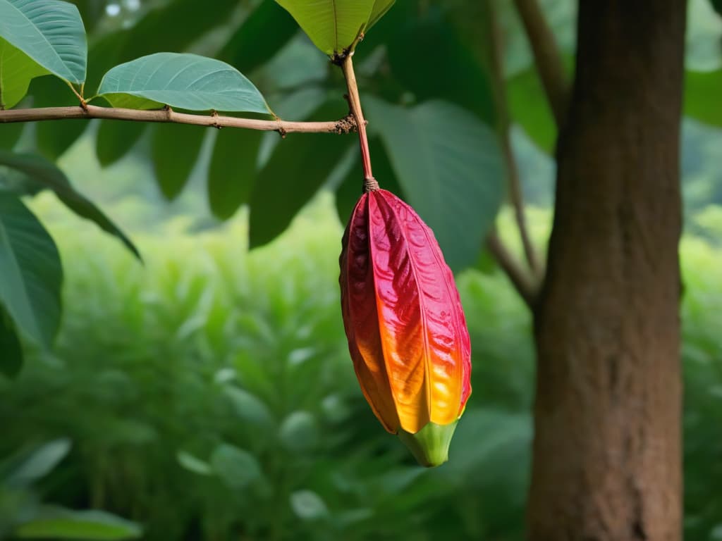  A closeup, ultradetailed image of a single, perfectly ripe cacao pod hanging from a tree, showcasing the rich, vibrant colors and intricate textures of the pod's surface. The focus is on the natural beauty and origin of the key ingredient in sustainable baking, inviting the viewer to appreciate the purity and essence of where their ingredients come from. hyperrealistic, full body, detailed clothing, highly detailed, cinematic lighting, stunningly beautiful, intricate, sharp focus, f/1. 8, 85mm, (centered image composition), (professionally color graded), ((bright soft diffused light)), volumetric fog, trending on instagram, trending on tumblr, HDR 4K, 8K