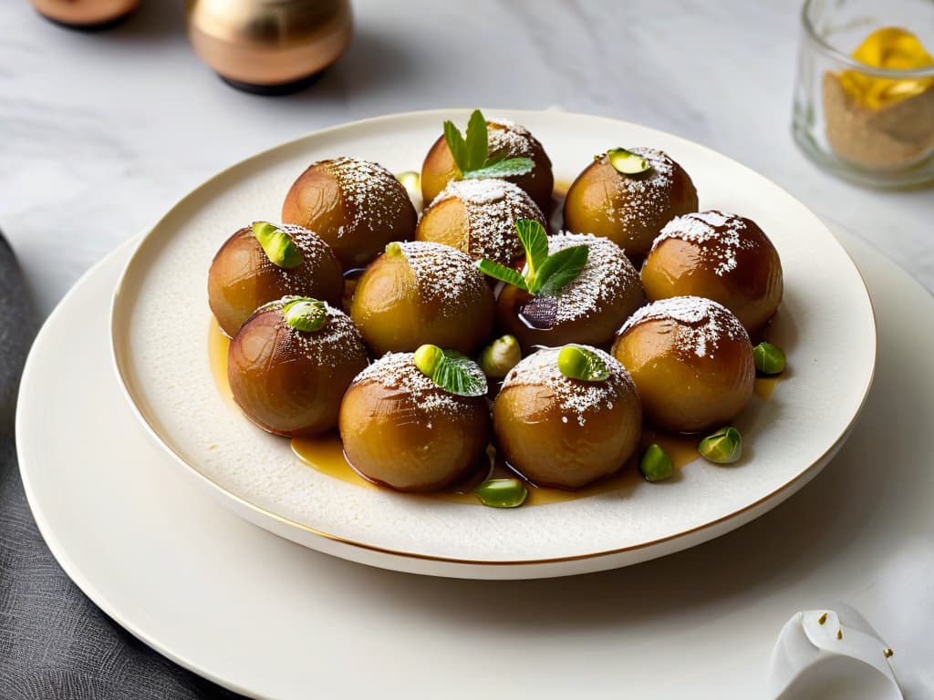  A closeup, ultradetailed image of a plate filled with goldenbrown Gulab Jamun balls, glistening with sugary syrup and garnished with a sprinkle of crushed pistachios, set against a clean, white marble background. Each dessert is perfectly round and soft, exuding a tempting aroma, while the syrup drizzles elegantly down the sides of the plate, creating a mouthwatering presentation that captures the essence of this beloved Indian dessert. hyperrealistic, full body, detailed clothing, highly detailed, cinematic lighting, stunningly beautiful, intricate, sharp focus, f/1. 8, 85mm, (centered image composition), (professionally color graded), ((bright soft diffused light)), volumetric fog, trending on instagram, trending on tumblr, HDR 4K, 8K