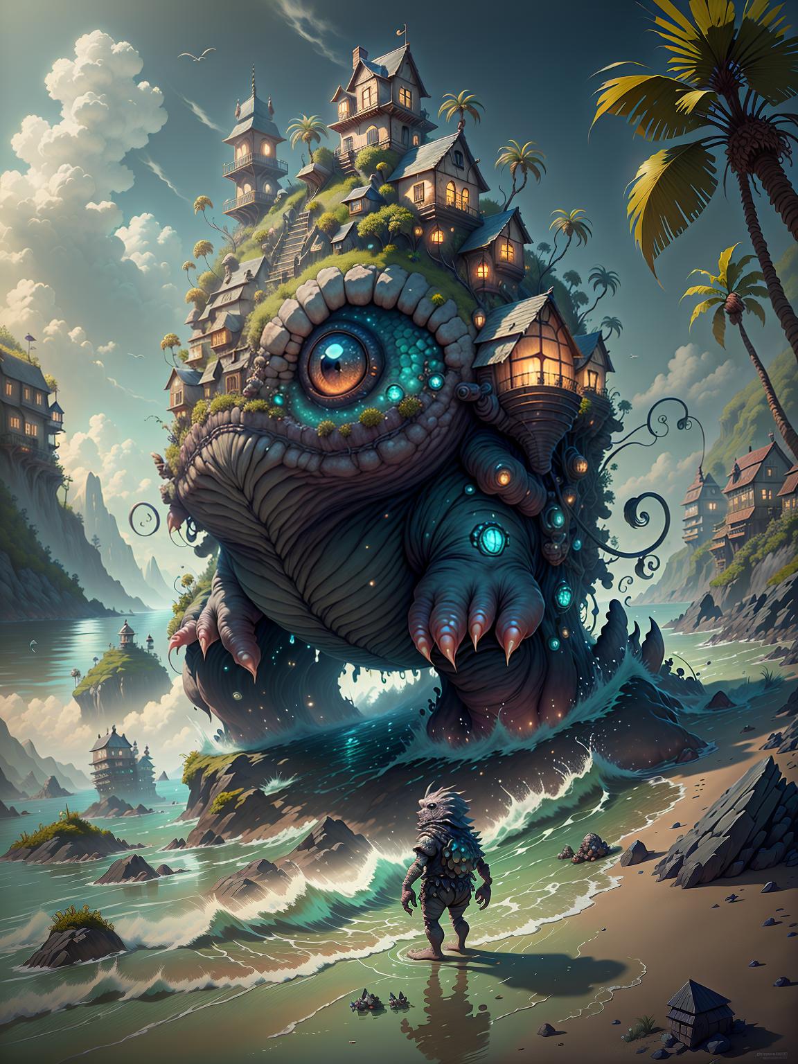  master piece, best quality, ultra detailed, highres, 4k.8k, Behemoth Turtle, Looming over the village, Menacing, BREAK A monstrous behemoth turtle terrorizes a coastal village., Coastal village, Huts, fishing boats, palm trees, cliffs, BREAK Tense and fearful, Giant footsteps, crashing waves, terrified villagers fleeing, creature00d,Cu73Cre4ture