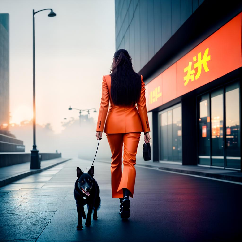  Manga girl walking down the street with a dog with long brown hair in ponytails and in an orange suit, a two-tone white and brown dog hyperrealistic, full body, detailed clothing, highly detailed, cinematic lighting, stunningly beautiful, intricate, sharp focus, f/1. 8, 85mm, (centered image composition), (professionally color graded), ((bright soft diffused light)), volumetric fog, trending on instagram, trending on tumblr, HDR 4K, 8K