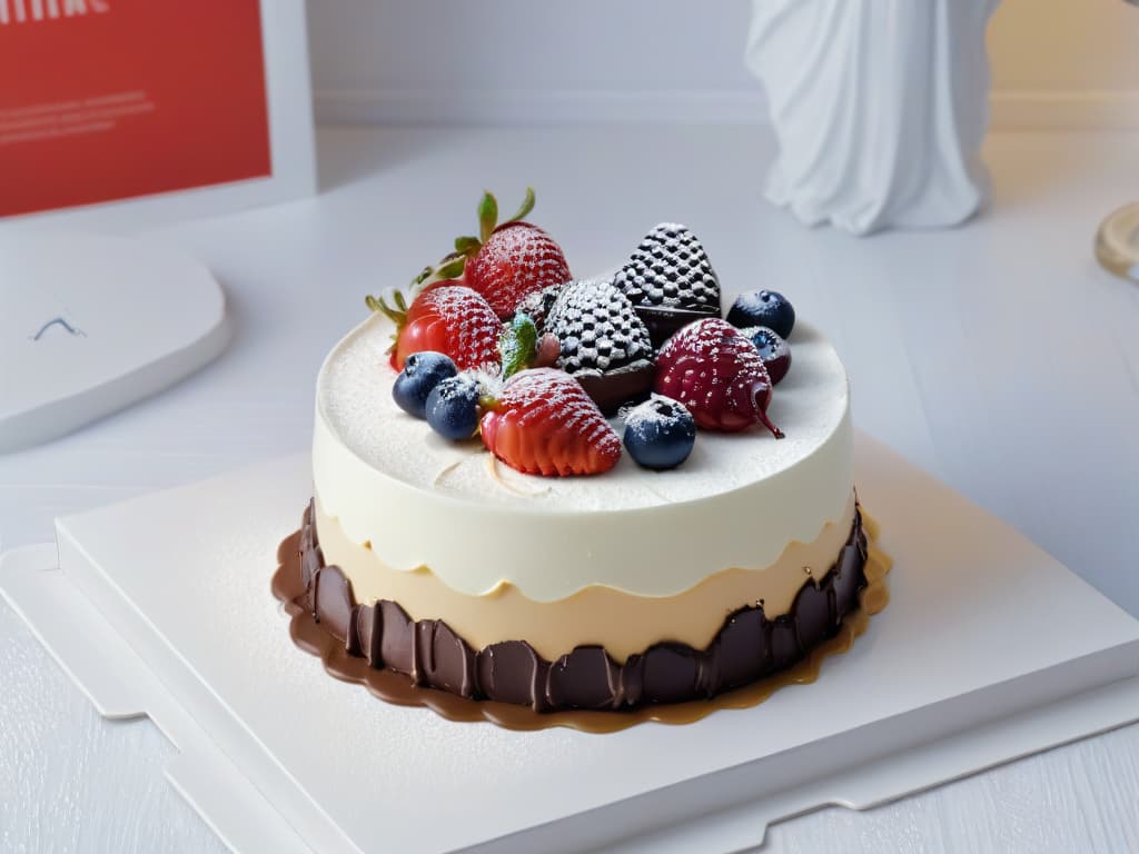  A closeup, photorealistic image of a beautifully decorated dessert with intricate branding details, showcasing techniques for personalizing desserts. The dessert is elegantly presented on a pristine white plate, with branding elements like a custom logo made of chocolate, delicate edible gold leaf accents, and perfectly placed fresh berries. The lighting is soft and highlights every detail, from the glossy finish of the dessert to the subtle textures of the decorations. This image exudes sophistication and creativity, perfectly complementing the theme of the article. hyperrealistic, full body, detailed clothing, highly detailed, cinematic lighting, stunningly beautiful, intricate, sharp focus, f/1. 8, 85mm, (centered image composition), (professionally color graded), ((bright soft diffused light)), volumetric fog, trending on instagram, trending on tumblr, HDR 4K, 8K