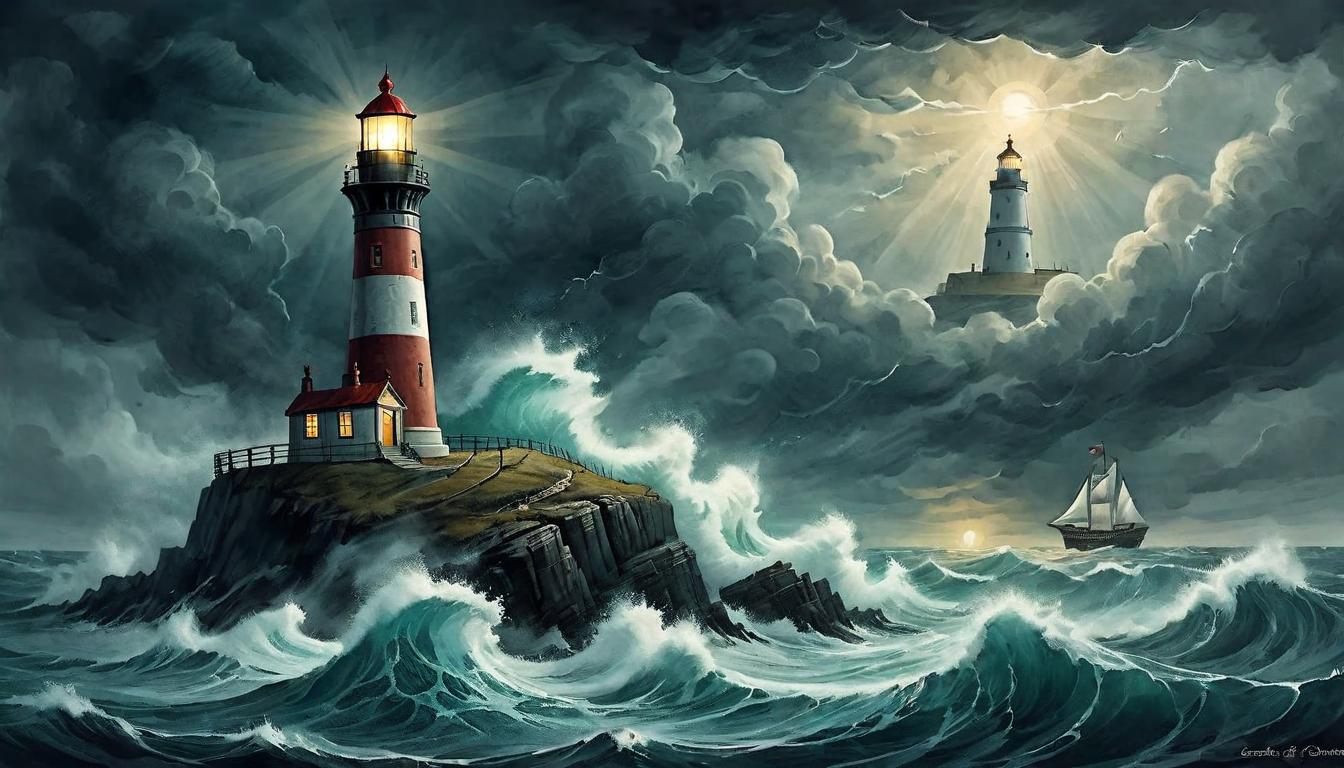  on parchment, surrealism+++, A lighthouse standing tall amidst stormy seas, its beam cutting through the darkness, beacon of hope, resilient, sturdy(mysterious, provocative, symbolic,muted color)+++