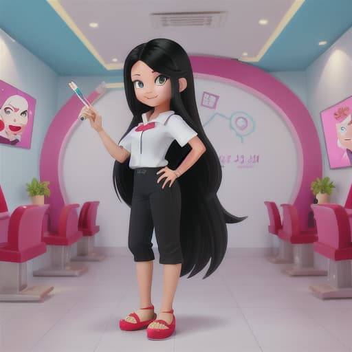  Cute thai girl, cartoon style, bright colours, long black hair working in a nail salon painting a very large finger nail of a customer