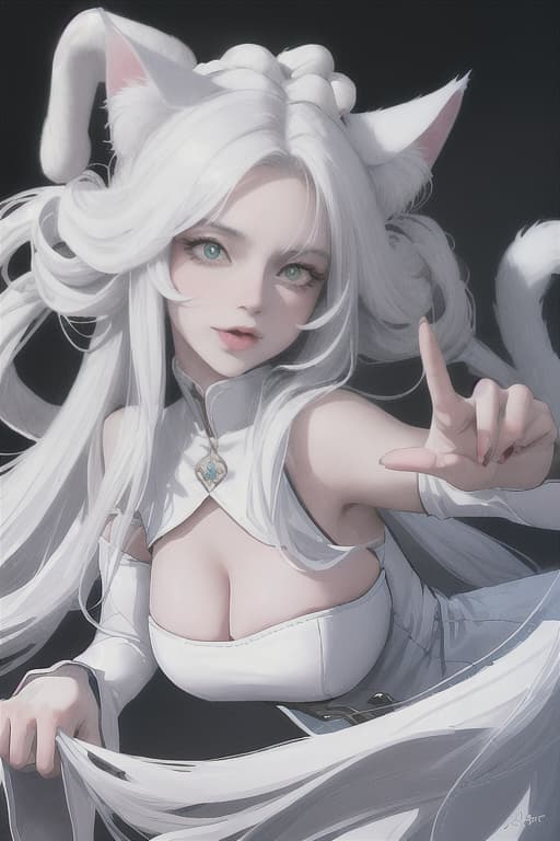  (Masterpiece, Best Quality), Absurd Detailed, Raw Photo Realistic, (White Cat Lady), (Cat Ear), Super Long Strait Hair, Cat's Paw, Jump, Micro , MEGA GIGANTIC HUGE CHESTS, Long Tongue, (Accurate Limb & Fingers ), SNEER, CURVY, Dutch Angle, from avove, (((put on the head) on the head))