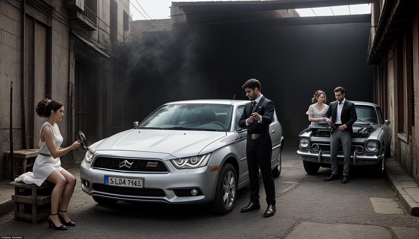  digital illustration, A split image, one half showing Daniel stepping into a traditional male role like fixing a car, other half showing Sophie doing traditional feminine tasks like sewing, juxtaposition, contrast, looking at viewer, dynamic pose, (intricate details, masterpiece, best quality)