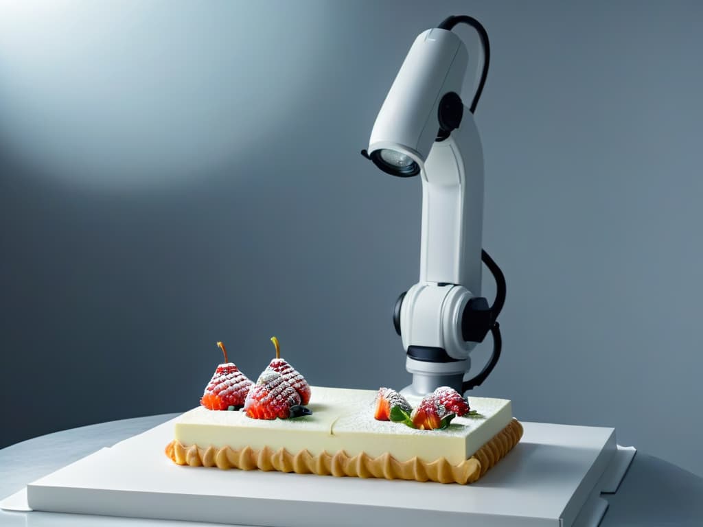  An ultradetailed image of a sleek, futuristic robotic arm delicately crafting a perfectly intricate and exquisite dessert, with precise movements and efficiency, set against a clean, minimalist backdrop to emphasize the seamless integration of technology in sustainable pastrymaking. hyperrealistic, full body, detailed clothing, highly detailed, cinematic lighting, stunningly beautiful, intricate, sharp focus, f/1. 8, 85mm, (centered image composition), (professionally color graded), ((bright soft diffused light)), volumetric fog, trending on instagram, trending on tumblr, HDR 4K, 8K