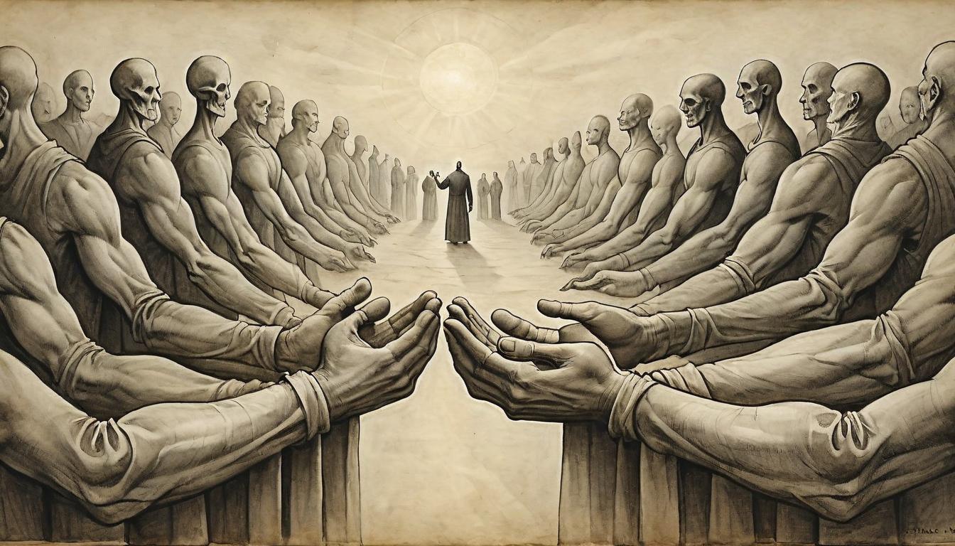  on parchment, surrealism+++, Two clasped hands, one cast in light, the other shadowed, standing amidst a crowd of faceless figures, unity in diversity, shared humanity, emotional depth, connecting contrasts(mysterious, provocative, symbolic,muted color)+++