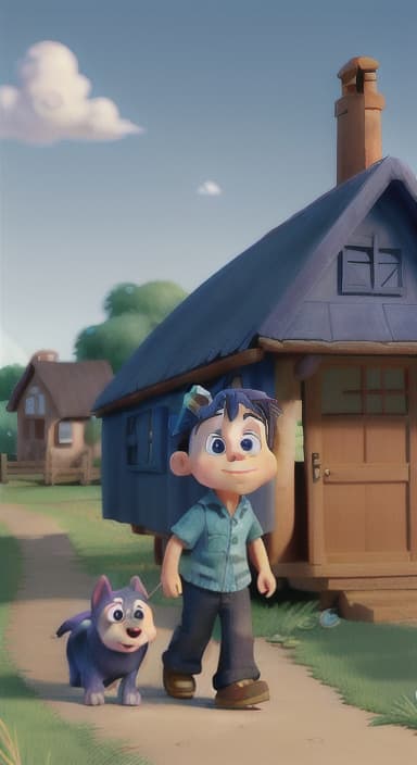  {Max walking back towards the cozy little house with droopy eyes, as twilight falls, The big blue dog is large with sky blue fur, big round eyes, a black nose, and floppy ears.