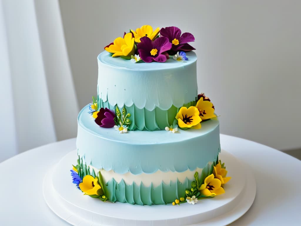  A closeup, ultradetailed image of a perfectly frosted and decorated threetiered cake. The cake features intricate piping work, delicate fondant decorations, and vibrant edible flowers cascading down one side. The colors are rich and vibrant, showcasing the skill and artistry involved in pastry decoration. hyperrealistic, full body, detailed clothing, highly detailed, cinematic lighting, stunningly beautiful, intricate, sharp focus, f/1. 8, 85mm, (centered image composition), (professionally color graded), ((bright soft diffused light)), volumetric fog, trending on instagram, trending on tumblr, HDR 4K, 8K