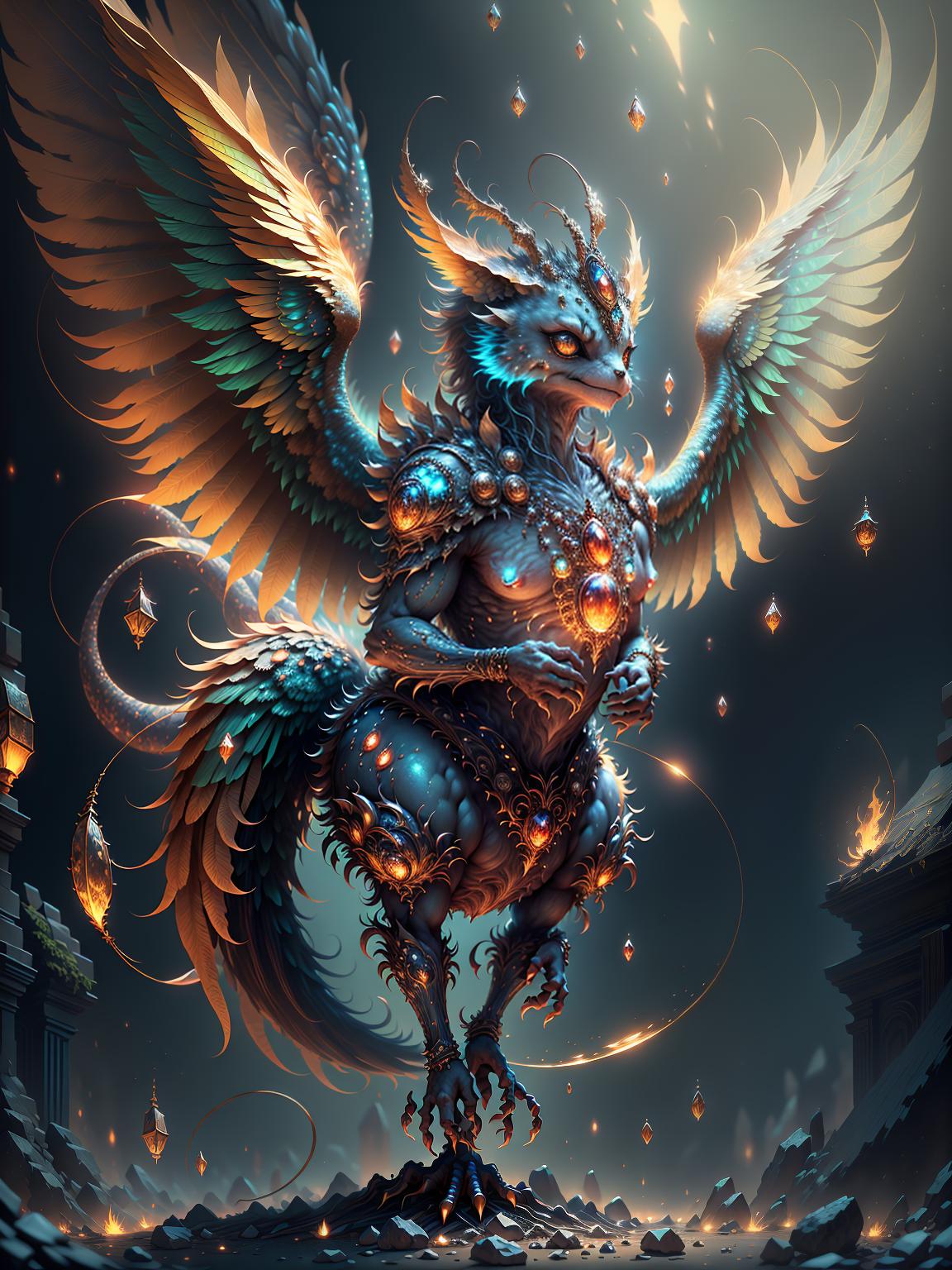  master piece, best quality, ultra detailed, highres, 4k.8k, Phoenix King, Rising from the ashes, spreading its wings, Regal and majestic, BREAK Revival of the immortal king, Ancient temple ruins, Ruins, glowing crystals, ancient scrolls, mystical artifacts, BREAK Mystical and awe inspiring, Golden light, swirling embers, ethereal glow, vibrant colors, creature00d,Cu73Cre4ture