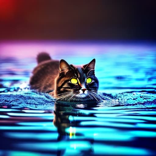 nvinkpunk a cute cat is swimming on the lake hyperrealistic, full body, detailed clothing, highly detailed, cinematic lighting, stunningly beautiful, intricate, sharp focus, f/1. 8, 85mm, (centered image composition), (professionally color graded), ((bright soft diffused light)), volumetric fog, trending on instagram, trending on tumblr, HDR 4K, 8K