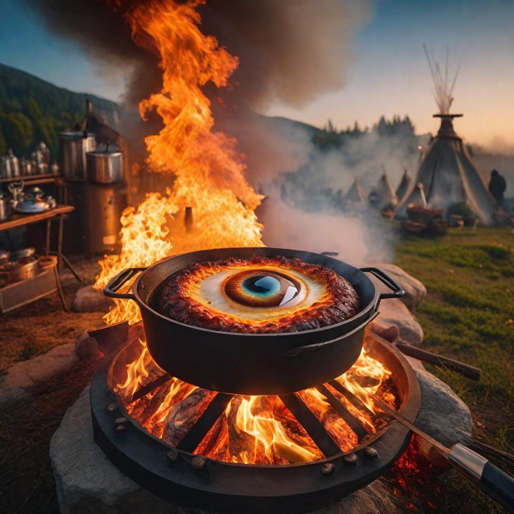  an eyeball cooking with big fire hyperrealistic, full body, detailed clothing, highly detailed, cinematic lighting, stunningly beautiful, intricate, sharp focus, f/1. 8, 85mm, (centered image composition), (professionally color graded), ((bright soft diffused light)), volumetric fog, trending on instagram, trending on tumblr, HDR 4K, 8K