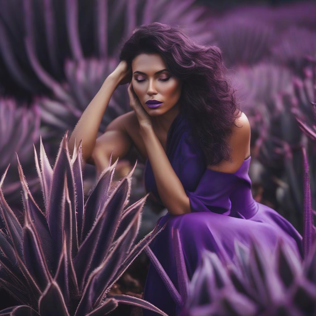  Sad beauty in a violet dress with an agave plant. hyperrealistic, full body, detailed clothing, highly detailed, cinematic lighting, stunningly beautiful, intricate, sharp focus, f/1. 8, 85mm, (centered image composition), (professionally color graded), ((bright soft diffused light)), volumetric fog, trending on instagram, trending on tumblr, HDR 4K, 8K