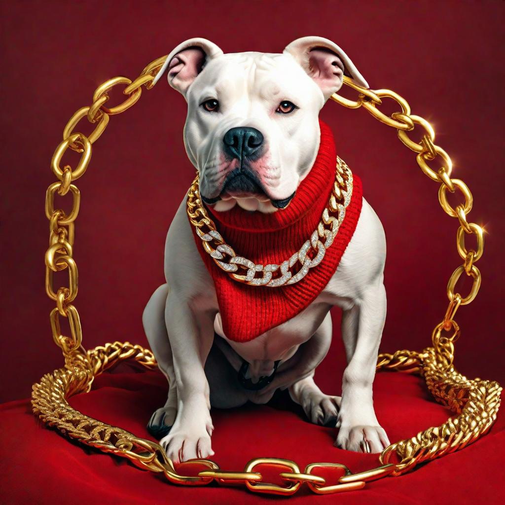  pitbull wif red knit hat and gold chains and diamond teeth hyperrealistic, full body, detailed clothing, highly detailed, cinematic lighting, stunningly beautiful, intricate, sharp focus, f/1. 8, 85mm, (centered image composition), (professionally color graded), ((bright soft diffused light)), volumetric fog, trending on instagram, trending on tumblr, HDR 4K, 8K