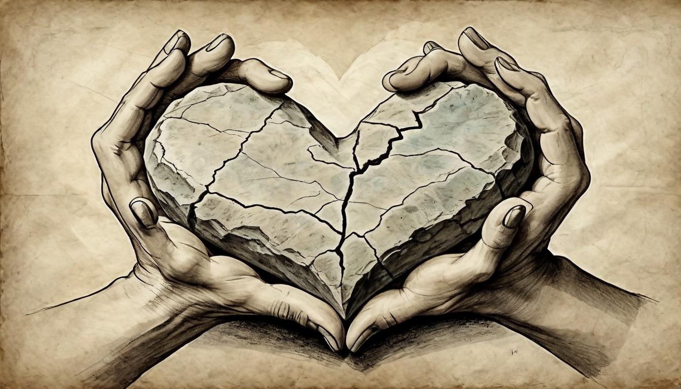  on parchment, surrealism+++, Hands clasped over a heart shaped stone, Ruth's loyalty embodied in a symbol of unbreakable bond. Heart shaped stone, hands coming together in unity, textures conveying warmth and strength, commitment beyond words(mysterious, provocative, symbolic,muted color)+++