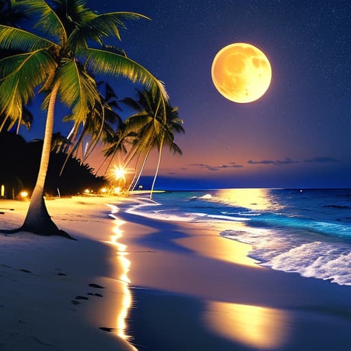  Night on a summer island beach, palm trees, full moon reflected in the calm ocean, Milky Way showing