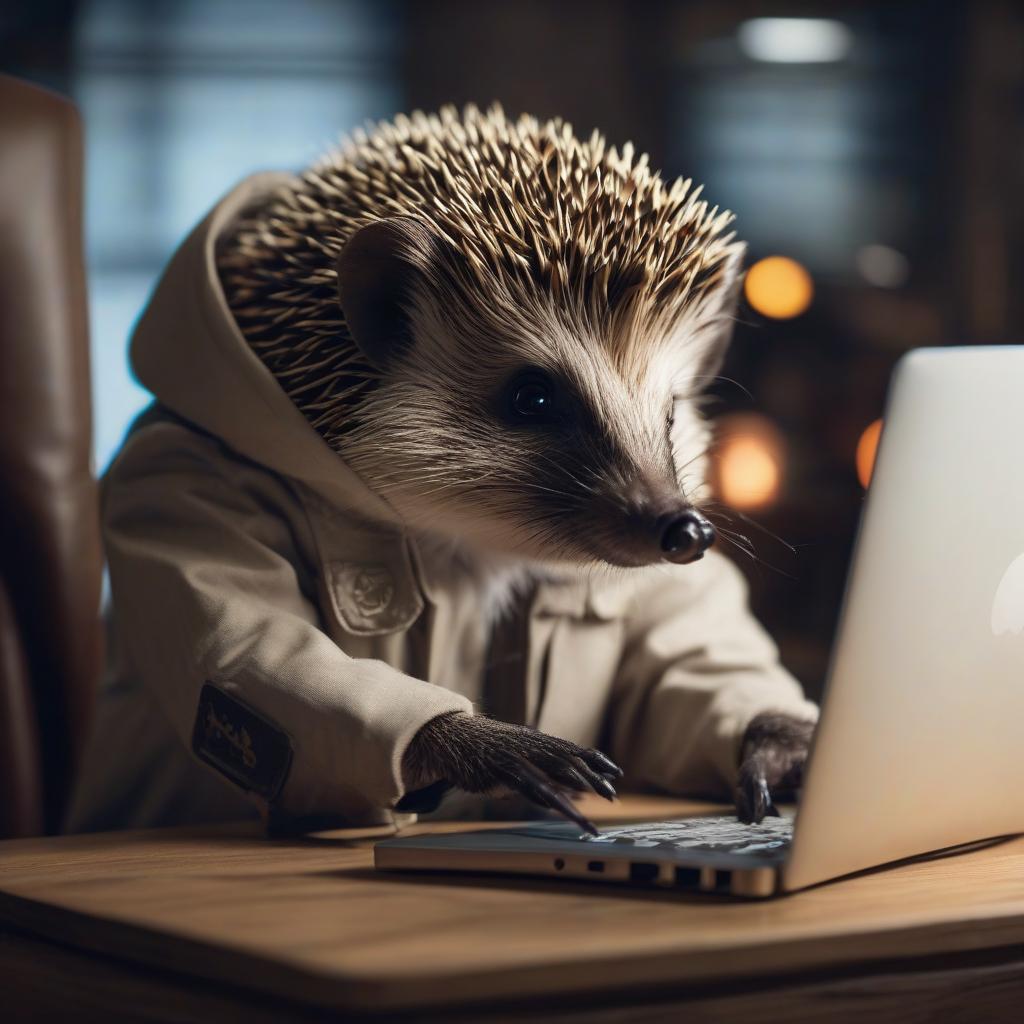  Hedgehog hacker sits in front of the computer in hacker attire. hyperrealistic, full body, detailed clothing, highly detailed, cinematic lighting, stunningly beautiful, intricate, sharp focus, f/1. 8, 85mm, (centered image composition), (professionally color graded), ((bright soft diffused light)), volumetric fog, trending on instagram, trending on tumblr, HDR 4K, 8K