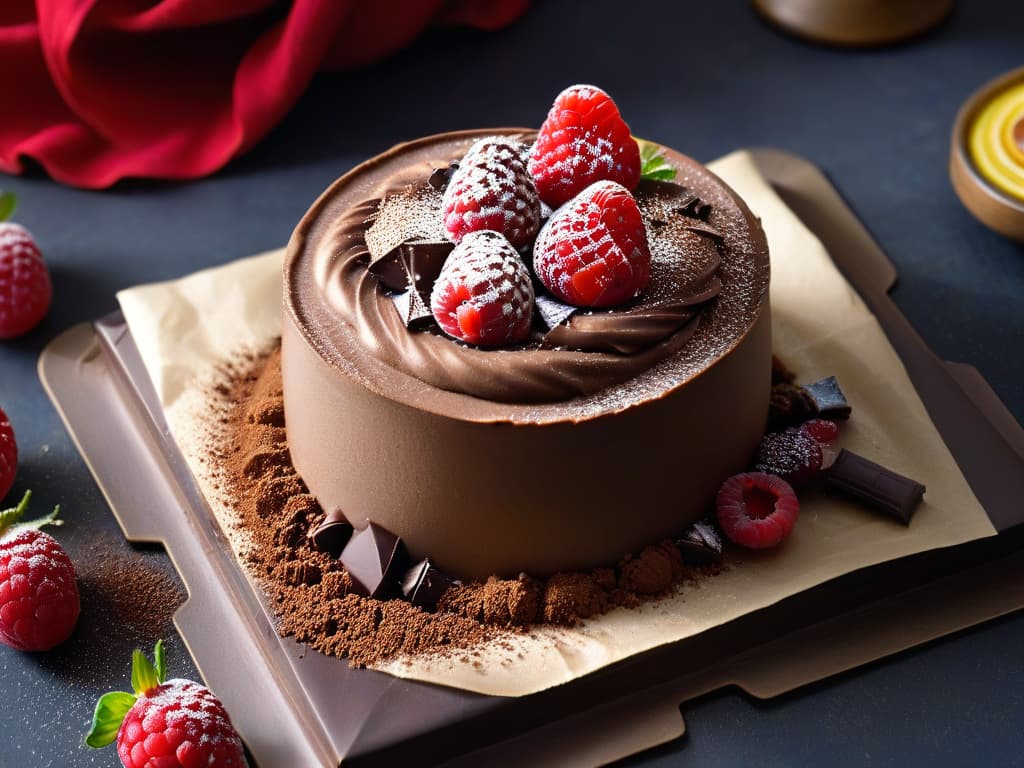  An exquisitely detailed closeup of a decadent probioticrich chocolate avocado mousse topped with fresh raspberries and a sprinkle of cacao powder. The velvety texture of the mousse reflects the surrounding light, emphasizing its richness, while the vibrant red of the raspberries provides a striking contrast against the dark chocolate backdrop. Each raspberry glistens with freshness, and the cacao powder appears almost palpable, inviting the viewer to indulge in this luxurious yet healthful dessert. hyperrealistic, full body, detailed clothing, highly detailed, cinematic lighting, stunningly beautiful, intricate, sharp focus, f/1. 8, 85mm, (centered image composition), (professionally color graded), ((bright soft diffused light)), volumetric fog, trending on instagram, trending on tumblr, HDR 4K, 8K