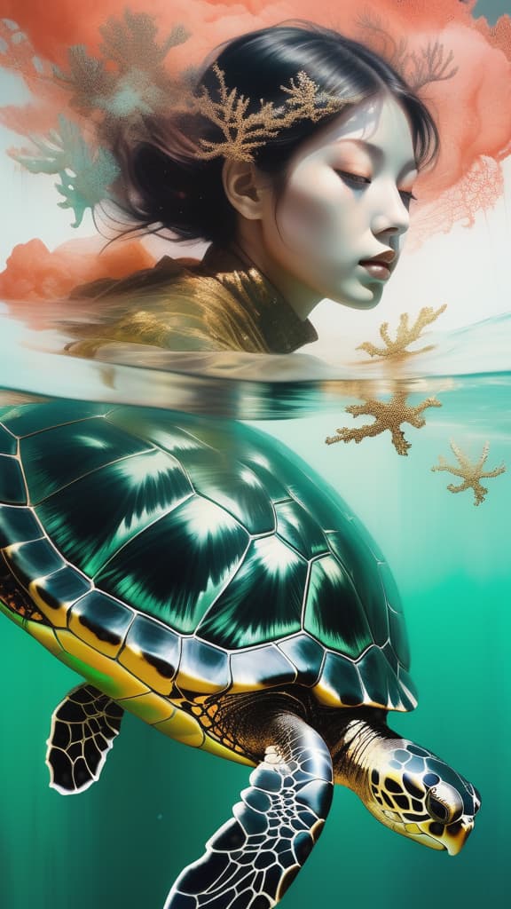  photo RAW, (Black, petrol and green:  2 ghostly turtles, (swimming with brown woman:1.5), shiny aura, highly detailed, gold and coral filigree, intricate motifs, organic tracery, Januz Miralles, Hikari Shimoda, glowing stardust by W. Zelmer, perfect composition, smooth, sharp focus, sparkling particles, lively coral reef background Realistic, realism, hd, 35mm photograph, 8k), masterpiece, award winning photography, natural light, perfect composition, high detail, hyper realistic, hyper detailed background