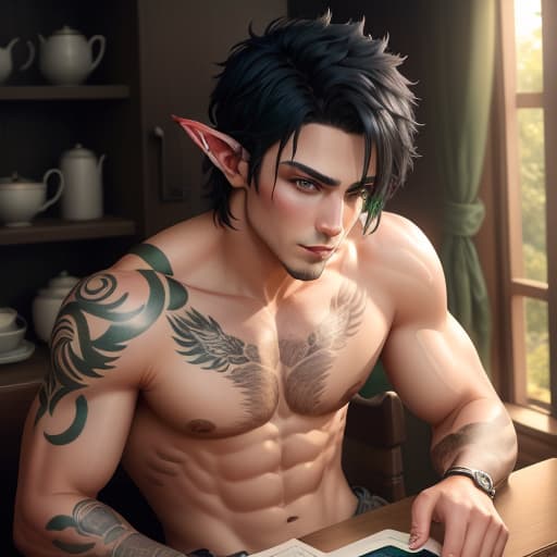  shirtless half-elf, male, short black hair, green eyes, tattoos, toned build, hyperrealistic, high quality, highly detailed, perfect lighting, intricate, sharp focus, f/1. 8, 85mm, (centered image composition), (professionally color graded), ((bright soft diffused light)), trending on instagram, HDR 4K, 8K