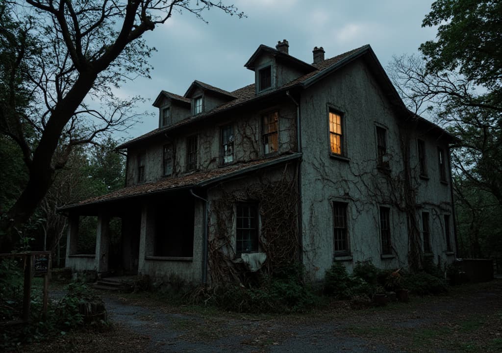  good quality, high quality, a two story house named "argalario," with a rusty sign near the entrance. an overcast sky casts shadows, while one window shines with warm light, struggling to penetrate the creeping darkness. twisted branches and overgrown vines cling to the walls, surrounded by a dense, dark forest.