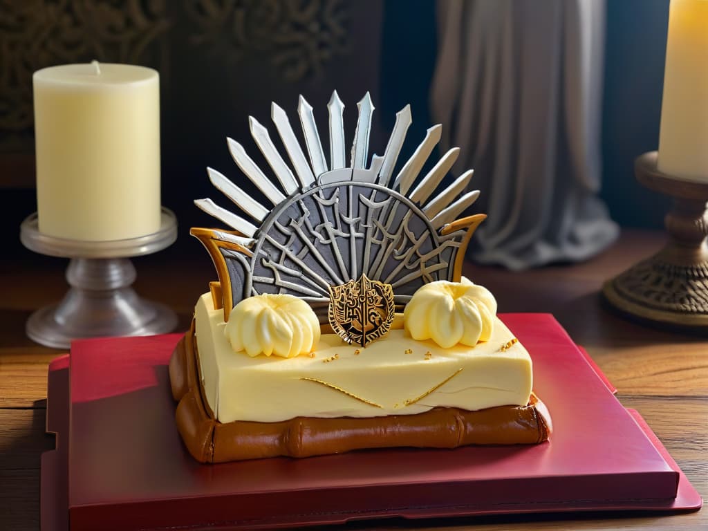  An intricately designed butter cookie shaped like the iconic Iron Throne from Game of Thrones, featuring delicate details of swords and intricate patterns, all set on a rustic wooden table against a soft, blurred background that hints at a medieval feast. The cookie is adorned with edible metallic silver and gold accents, evoking the grandeur and power of the Iron Throne, making it a visually striking and thematic treat for fans of the series. hyperrealistic, full body, detailed clothing, highly detailed, cinematic lighting, stunningly beautiful, intricate, sharp focus, f/1. 8, 85mm, (centered image composition), (professionally color graded), ((bright soft diffused light)), volumetric fog, trending on instagram, trending on tumblr, HDR 4K, 8K