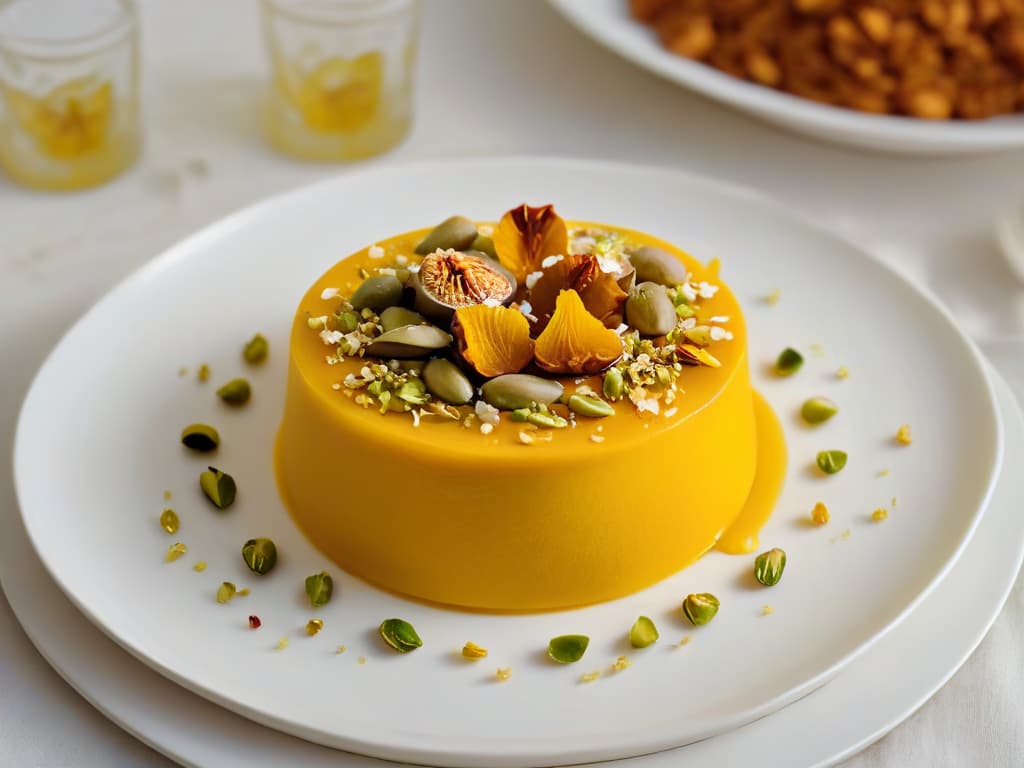  A closeup, ultradetailed image of a glossy, golden halwa dessert delicately garnished with crushed pistachios and strands of saffron, set on a pristine white ceramic plate with a subtle geometric pattern. The halwa shines under a soft, natural light, showcasing its intricate texture and invitingly warm hues, creating a visually striking and minimalist composition. hyperrealistic, full body, detailed clothing, highly detailed, cinematic lighting, stunningly beautiful, intricate, sharp focus, f/1. 8, 85mm, (centered image composition), (professionally color graded), ((bright soft diffused light)), volumetric fog, trending on instagram, trending on tumblr, HDR 4K, 8K