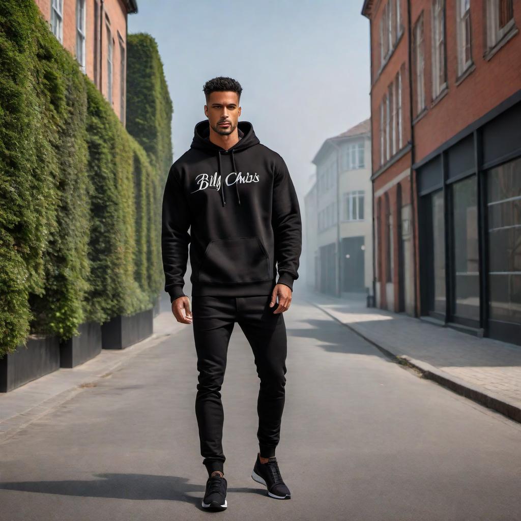  An oversized, hooded men's sweatshirt in black color with the name 'Billy Chris' in cursive font on the front. The sweatshirt should be plain with only the name, stylish and modern, displayed in a neutral studio setting. hyperrealistic, full body, detailed clothing, highly detailed, cinematic lighting, stunningly beautiful, intricate, sharp focus, f/1. 8, 85mm, (centered image composition), (professionally color graded), ((bright soft diffused light)), volumetric fog, trending on instagram, trending on tumblr, HDR 4K, 8K