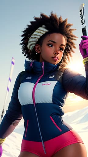  afrocentric dark brown skin woman skiing., hyperrealistic, high quality, highly detailed, perfect lighting, intricate, sharp focus, f/1. 8, 85mm, (centered image composition), (professionally color graded), ((bright soft diffused light)), trending on instagram, HDR 4K, 8K