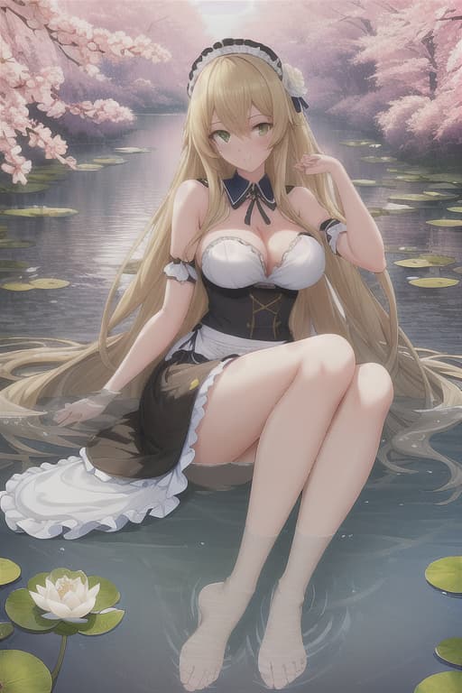  (score 9,score 8 up,score 7 up,),1girl,solo,maid,maid headdress,looking at viewer,outdoor,lake,apron,blonde hair,indoors,green eyes,bare foot,two feet in the water lotus flower sex stunny hyperrealistic, full body, detailed clothing, highly detailed, cinematic lighting, stunningly beautiful, intricate, sharp focus, f/1. 8, 85mm, (centered image composition), (professionally color graded), ((bright soft diffused light)), volumetric fog, trending on instagram, trending on tumblr, HDR 4K, 8K