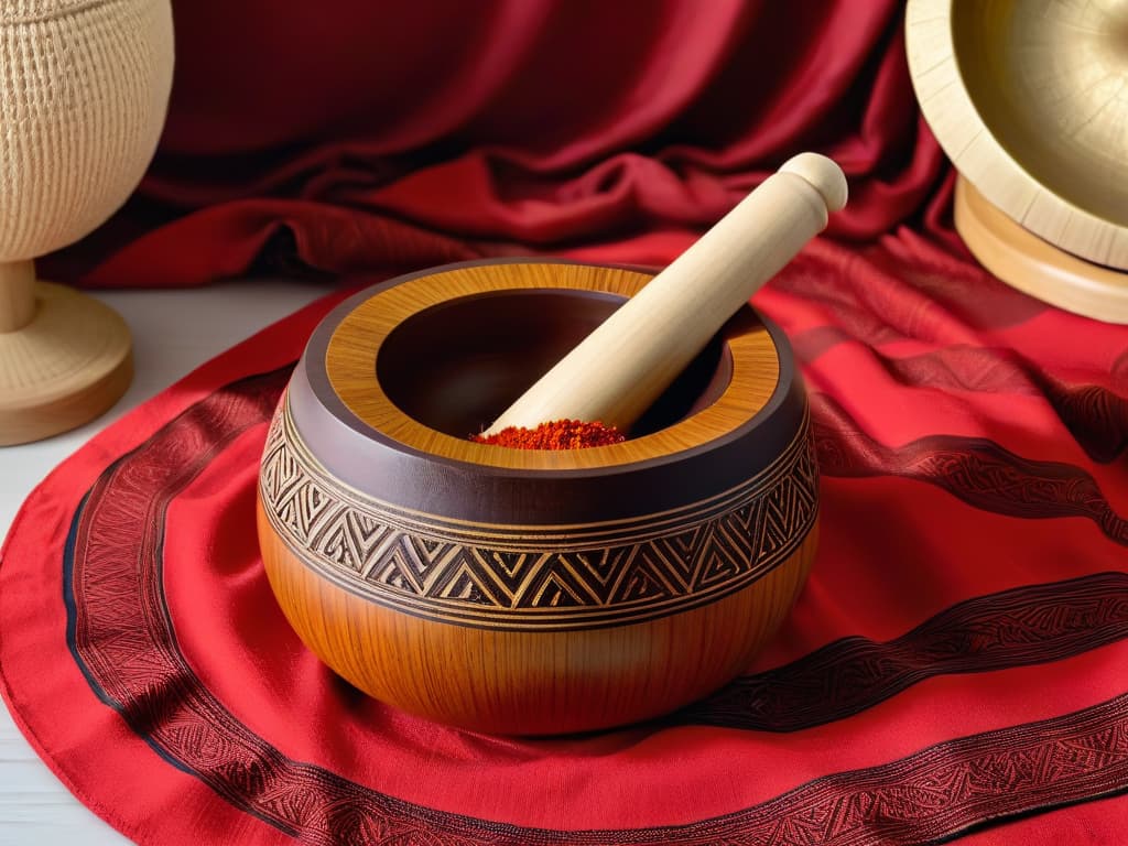  An intricately designed wooden mortar and pestle set, handcarved with traditional African patterns, sitting on a backdrop of vibrant red African fabric. The mortar is filled with a colorful mix of ground spices, while the pestle rests beside it, showcasing the craftsmanship and cultural richness of African culinary traditions. hyperrealistic, full body, detailed clothing, highly detailed, cinematic lighting, stunningly beautiful, intricate, sharp focus, f/1. 8, 85mm, (centered image composition), (professionally color graded), ((bright soft diffused light)), volumetric fog, trending on instagram, trending on tumblr, HDR 4K, 8K